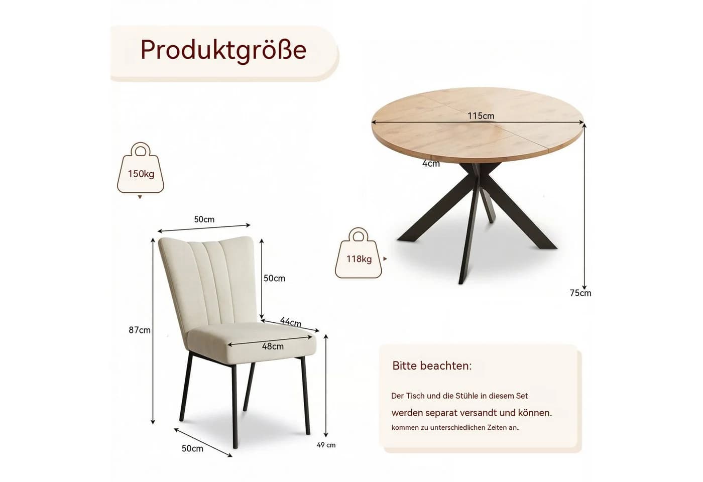 Jiexi Essgruppe mit rundem Tisch und 4 Stühlen Beige - Bild 3