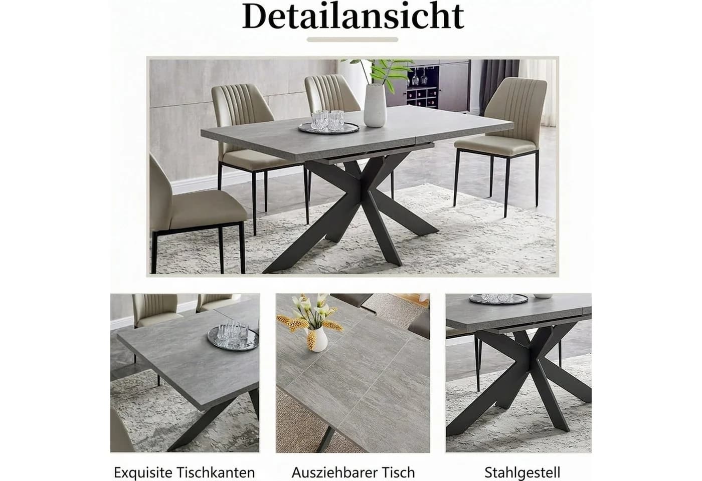Jiexi Ausziehbarer Esstisch mit Stühlen Grau Betonoptik - Bild 5