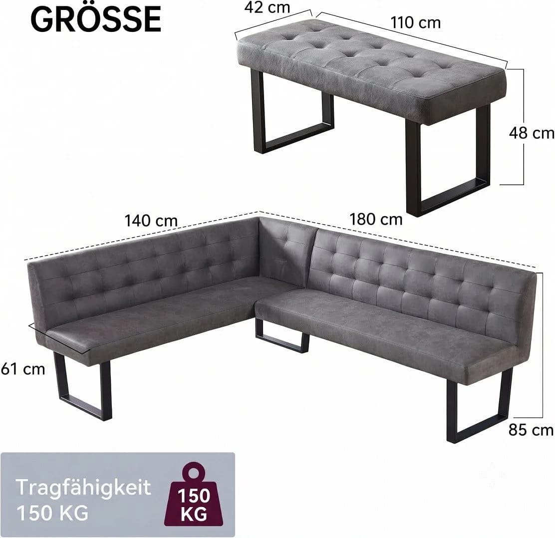 Jiexi Eckbank mit Sitzbank Set Grau L-Form Polsterbank
