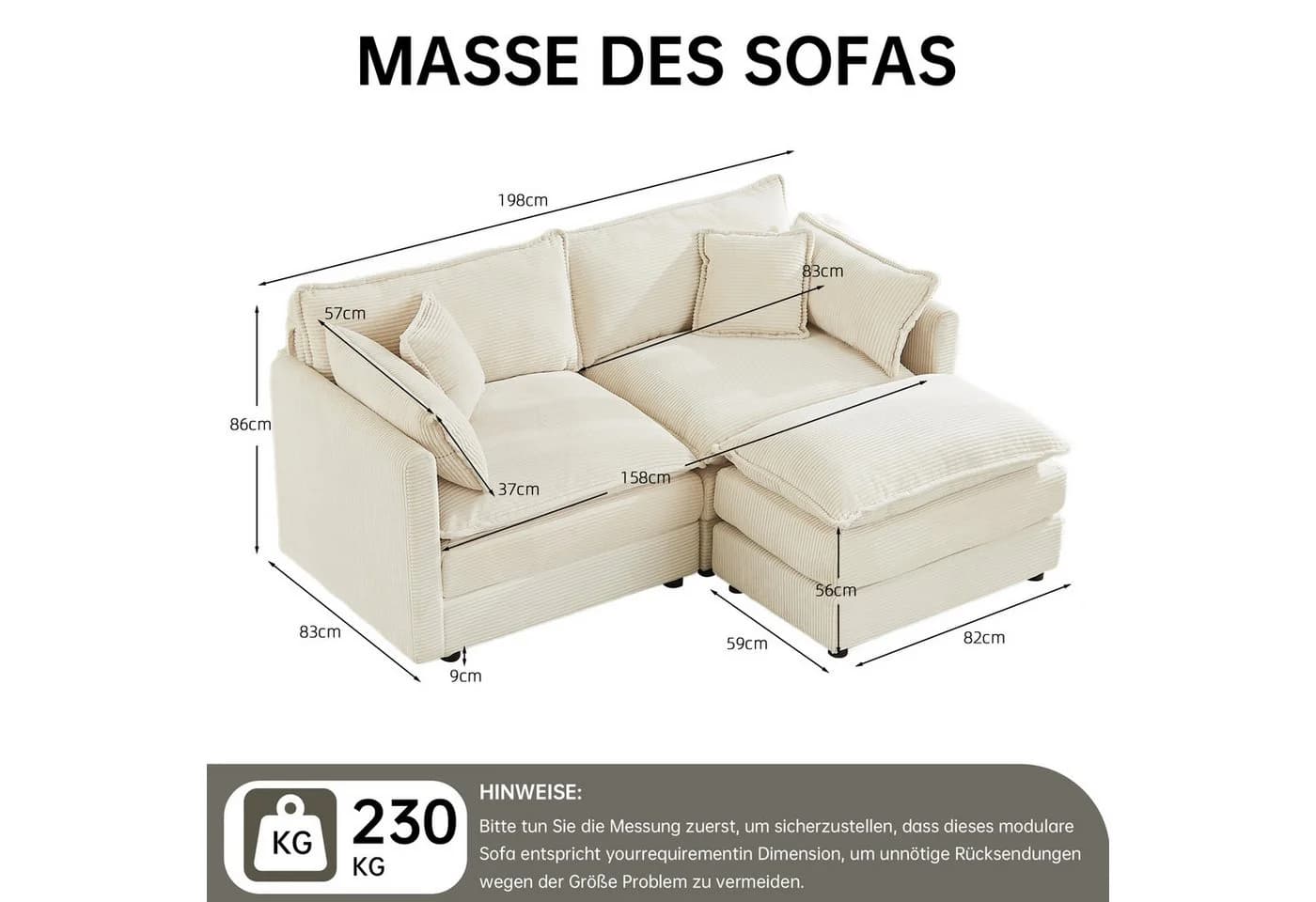 Jiexi Modulares Ecksofa Cord Beige Grau L- & U-Form - Bild 3