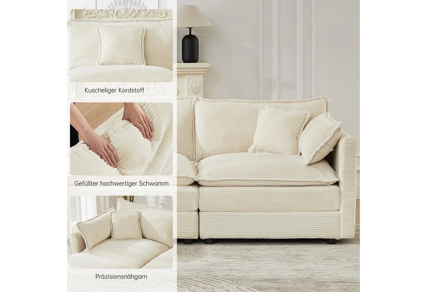 Jiexi Modulares Ecksofa Cord Beige Grau L- & U-Form - Bild 4