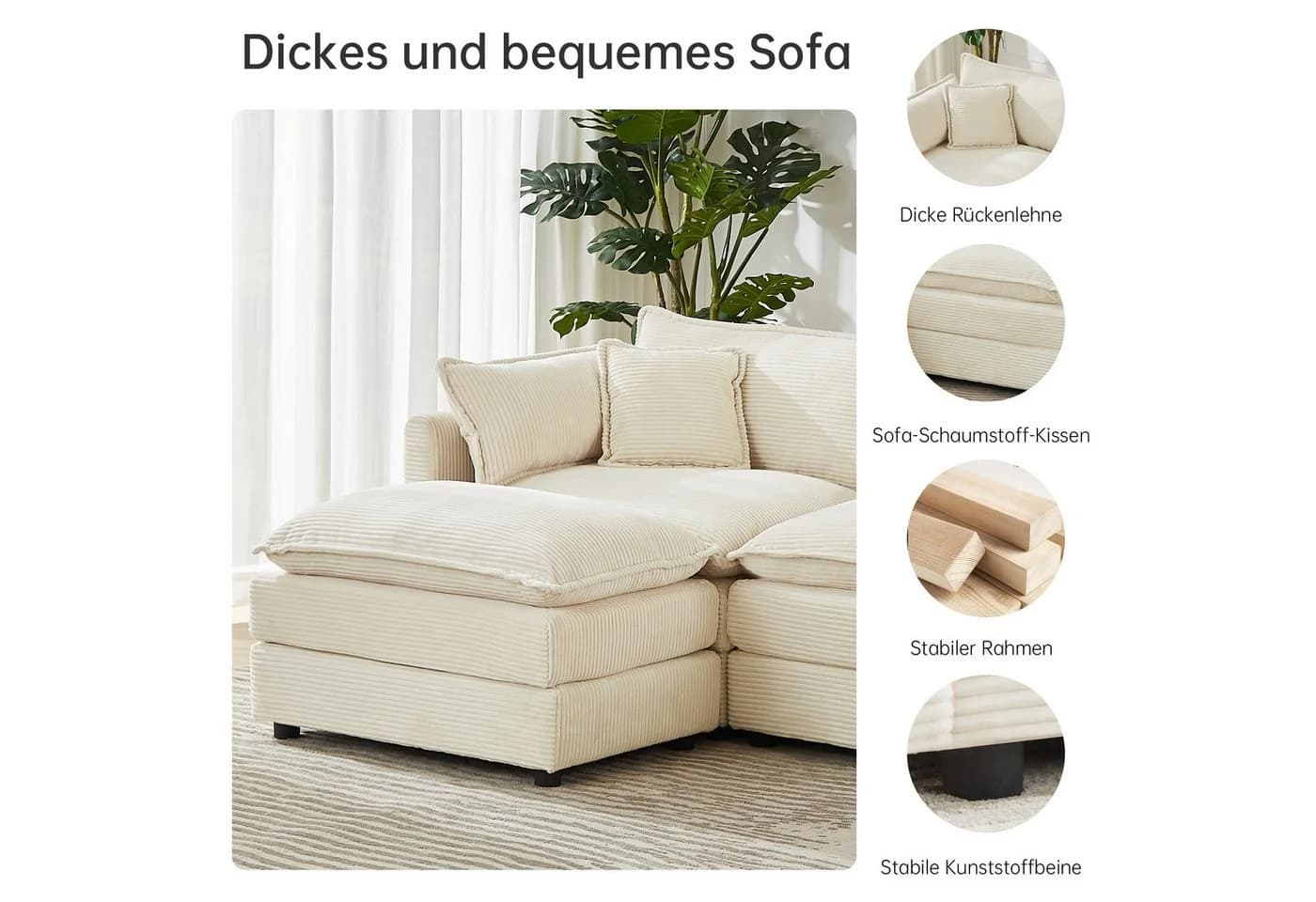Jiexi Modulares Ecksofa Cord Beige Grau L- & U-Form - Bild 5
