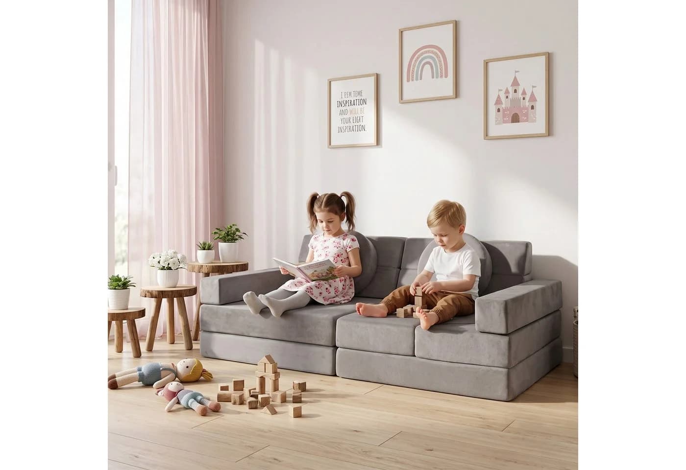 Jiexi Modulares Kindersofa Grau Klappbar