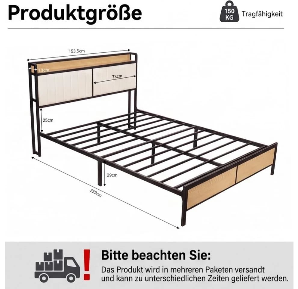 Jiexi Metallbett 140x200 mit gepolstertem Kopfteil und Ablage Schwarz