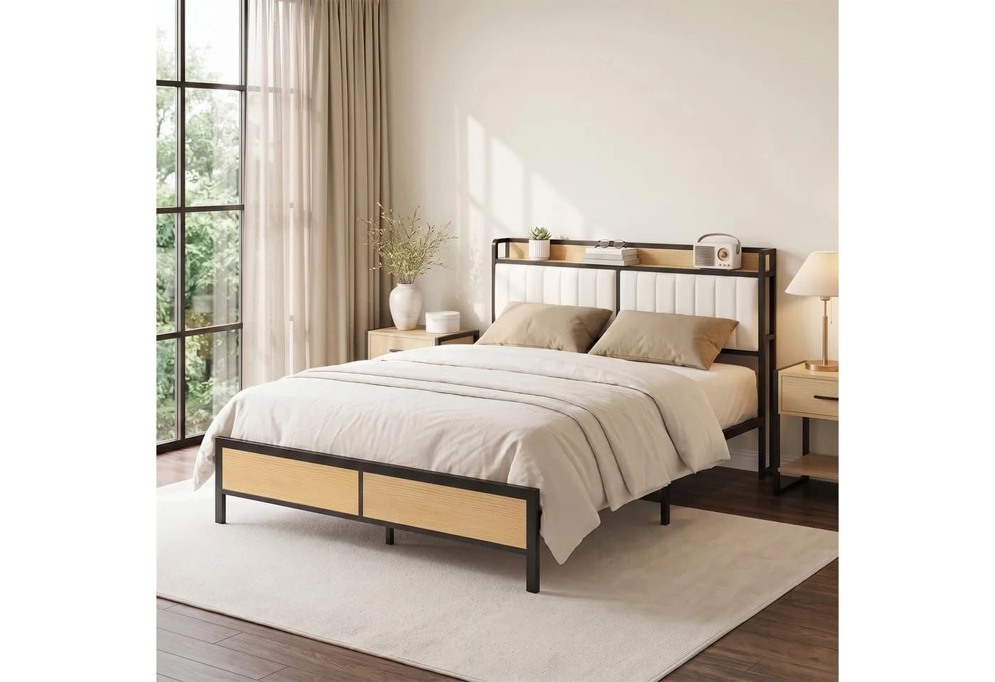 Jiexi Metallbett 140x200 mit gepolstertem Kopfteil und Ablage Schwarz - Bild 2