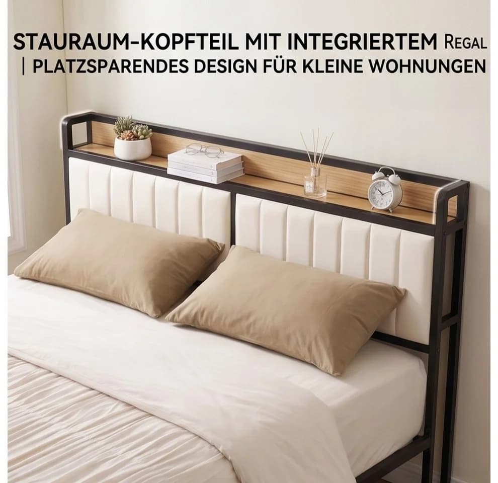 Jiexi Metallbett 140x200 mit gepolstertem Kopfteil und Ablage Schwarz - Bild 3