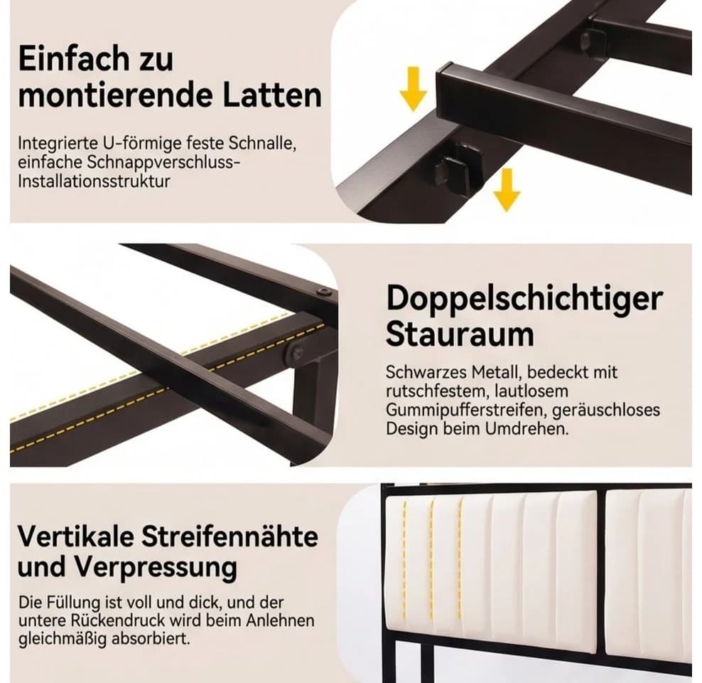 Jiexi Metallbett 140x200 mit gepolstertem Kopfteil und Ablage Schwarz - Bild 4