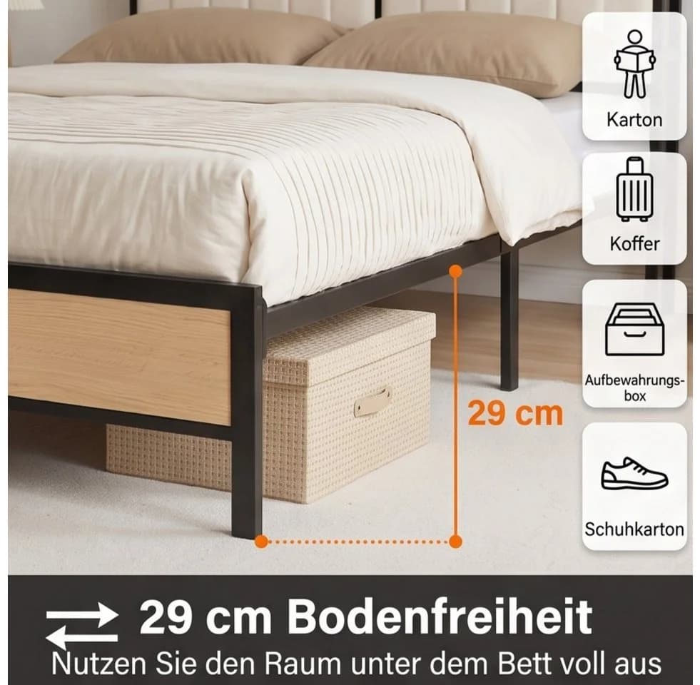 Jiexi Metallbett 140x200 mit gepolstertem Kopfteil und Ablage Schwarz - Bild 5