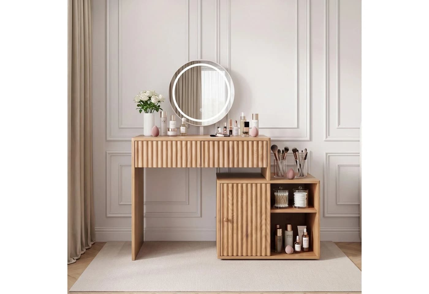 Jiexi Sideboard 137cm Eiche-Optik mit 6 Schubladen und Rillenstruktur