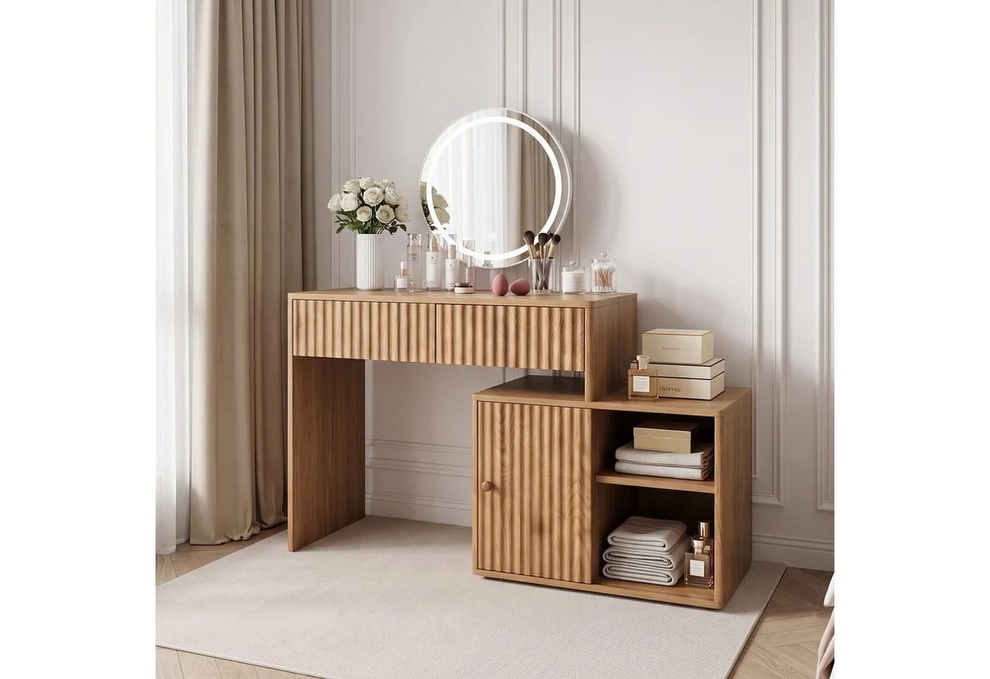 Jiexi Sideboard 137cm Eiche-Optik mit 6 Schubladen und Rillenstruktur - Bild 2