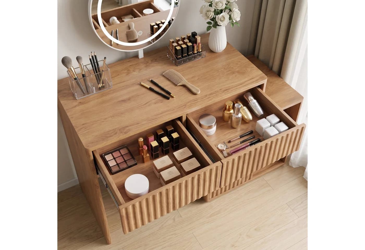 Jiexi Sideboard 137cm Eiche-Optik mit 6 Schubladen und Rillenstruktur - Bild 4