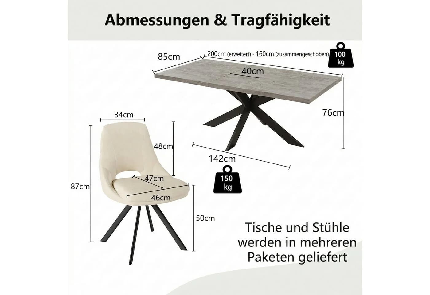 Jiexi Ausziehbarer Esstisch mit 6 Stühlen, Betonoptik - Bild 3