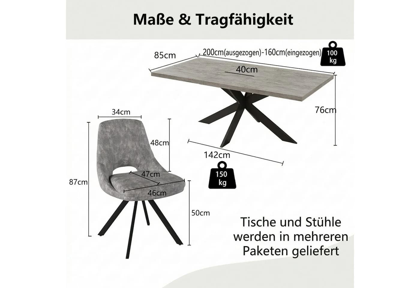 Jiexi Ausziehbarer Esstisch mit 6-8 Stühlen Betonoptik - Bild 3