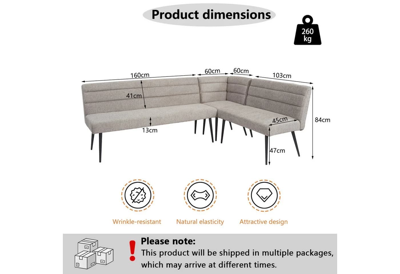 Jiexi Essgruppe Esszimmer-Set mit Eckbank & Esstisch, Polyester, Metallbeine - Bild 3