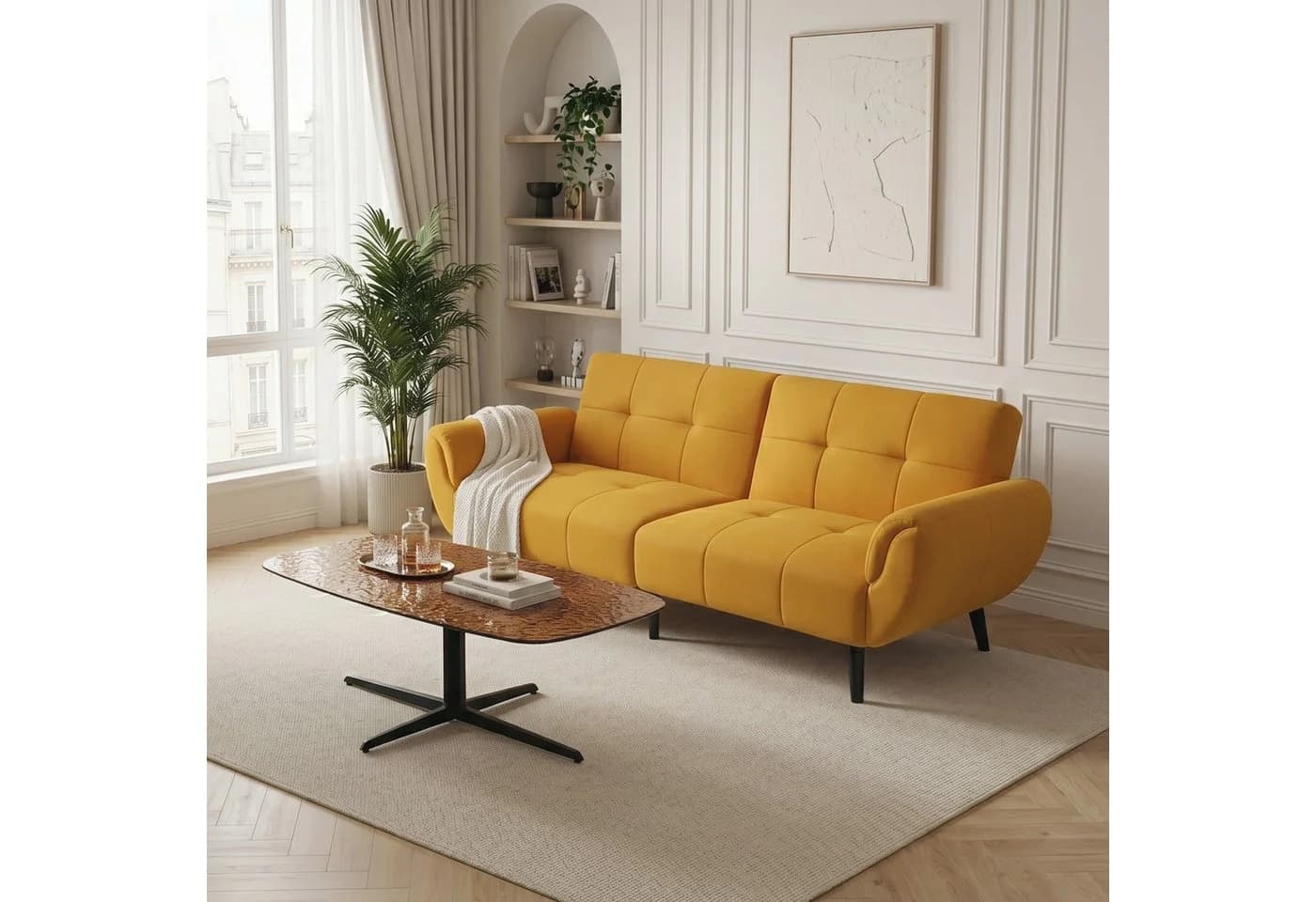 Jiexi 3-Sitzer Sofa Leinenstoff Gelb mit Massivholzbeinen - Bild 2