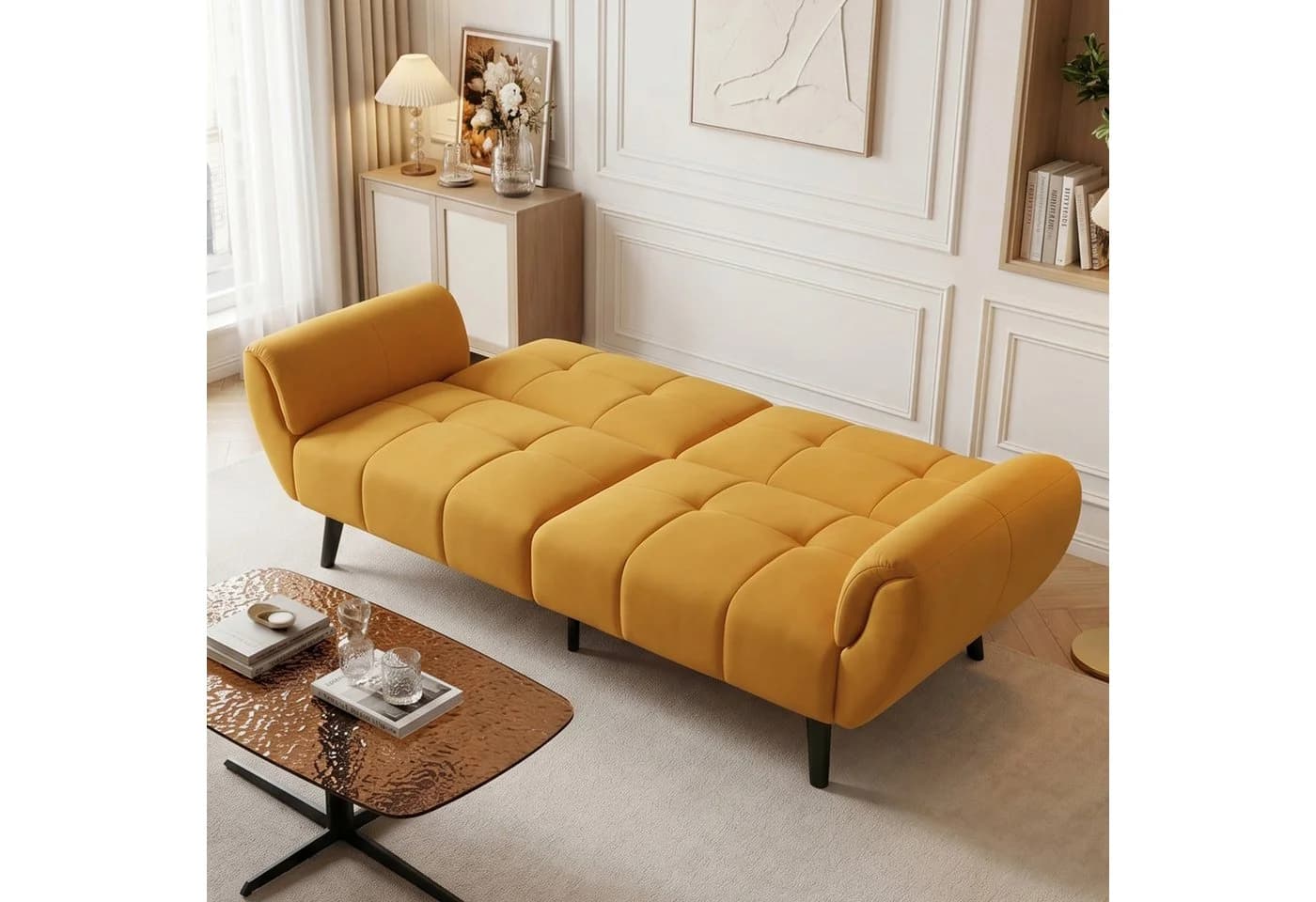 Jiexi 3-Sitzer Sofa Leinenstoff Gelb mit Massivholzbeinen - Bild 3