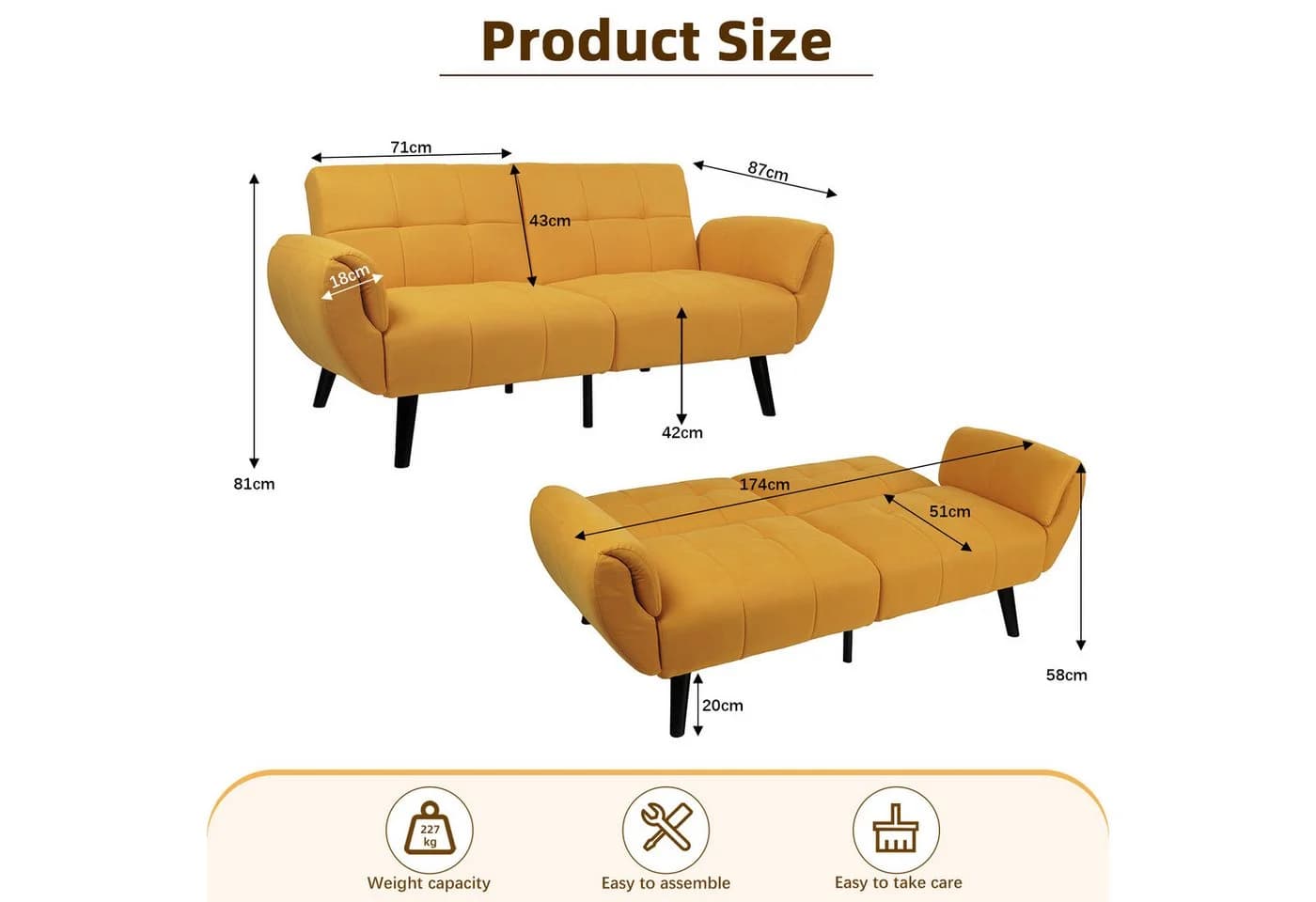 Jiexi 3-Sitzer Sofa Leinenstoff Gelb mit Massivholzbeinen - Bild 5