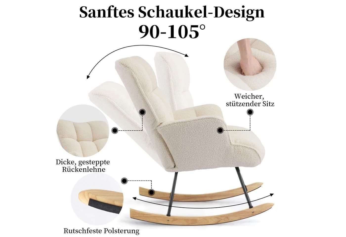 Aunekiv Schaukelstuhl moderner Relaxsessel mit Hochlehner Teddyplüsch - Bild 5