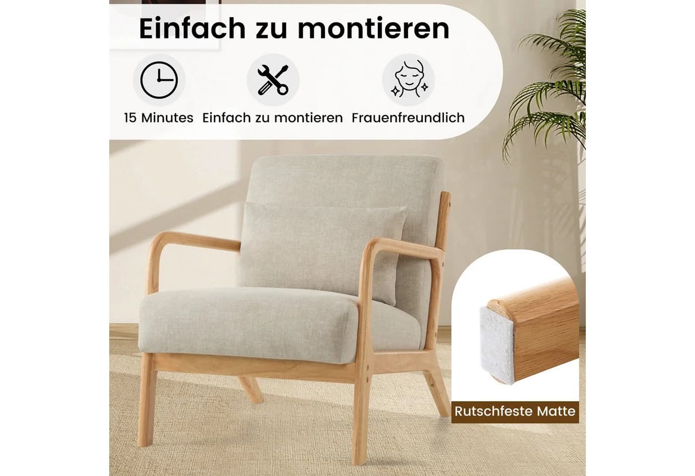 Aunekiv Sessel Mid-Century mit Kissen & Holzrahmen Grau/Grün/Orange - Bild 5