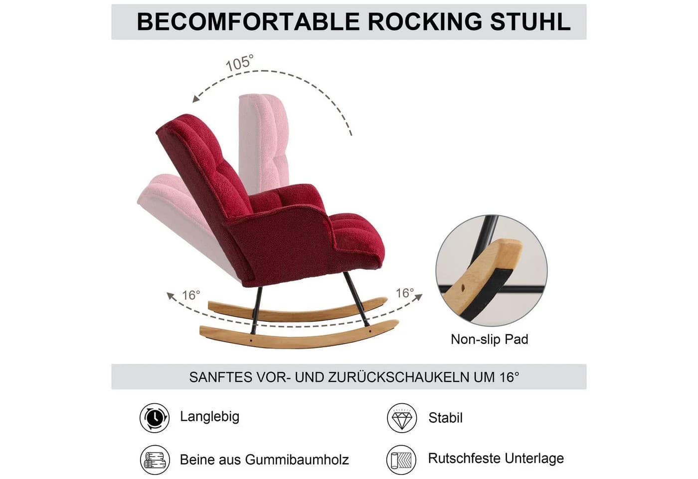 Aunekiv Schaukelstuhl moderner Relaxsessel mit Hochlehner Teddyplüsch - Bild 4