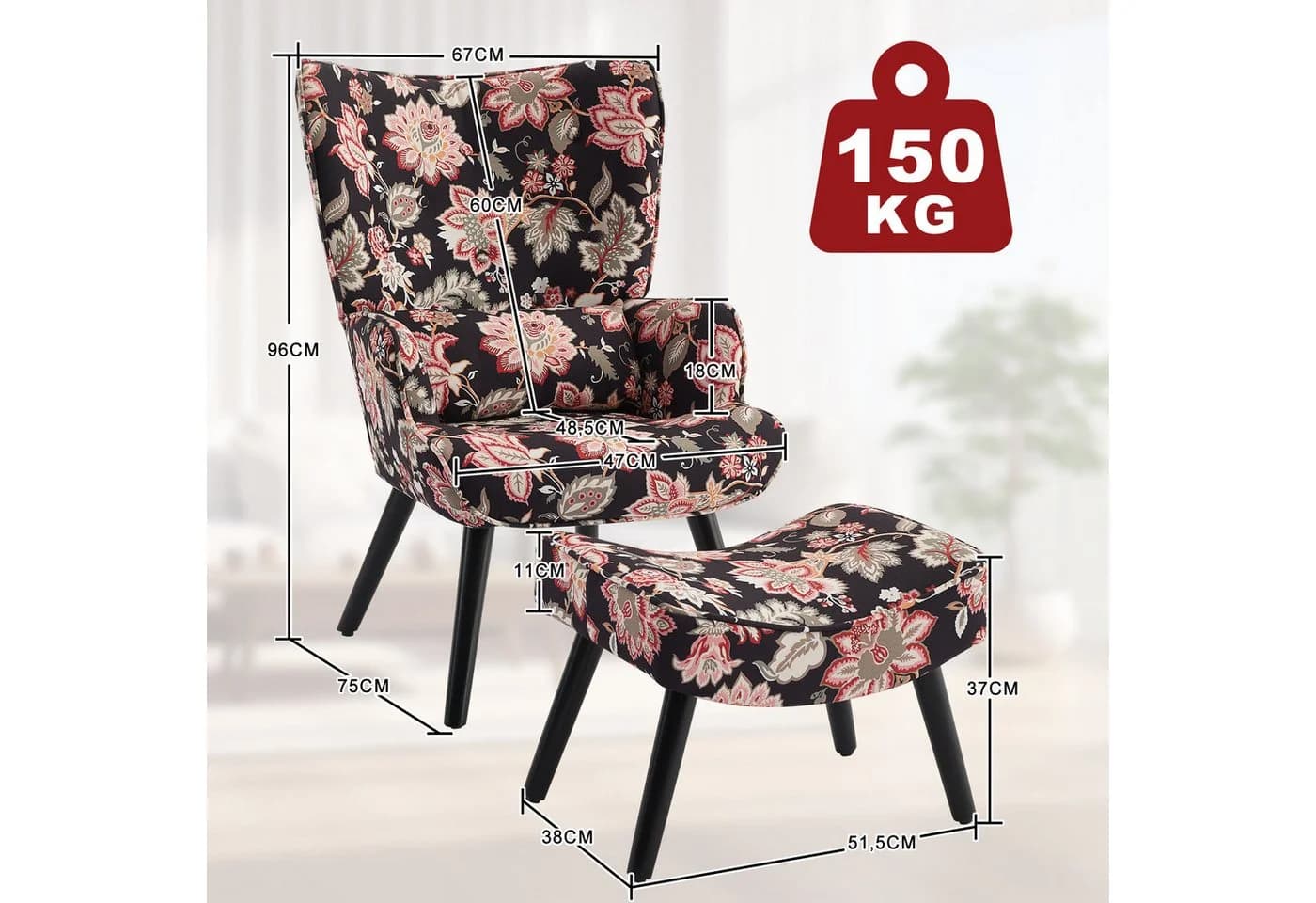 HomeMiYN Ohrensessel Relaxsessel Patchwork Ohrensessel mit Hocker Bunt - Bild 3