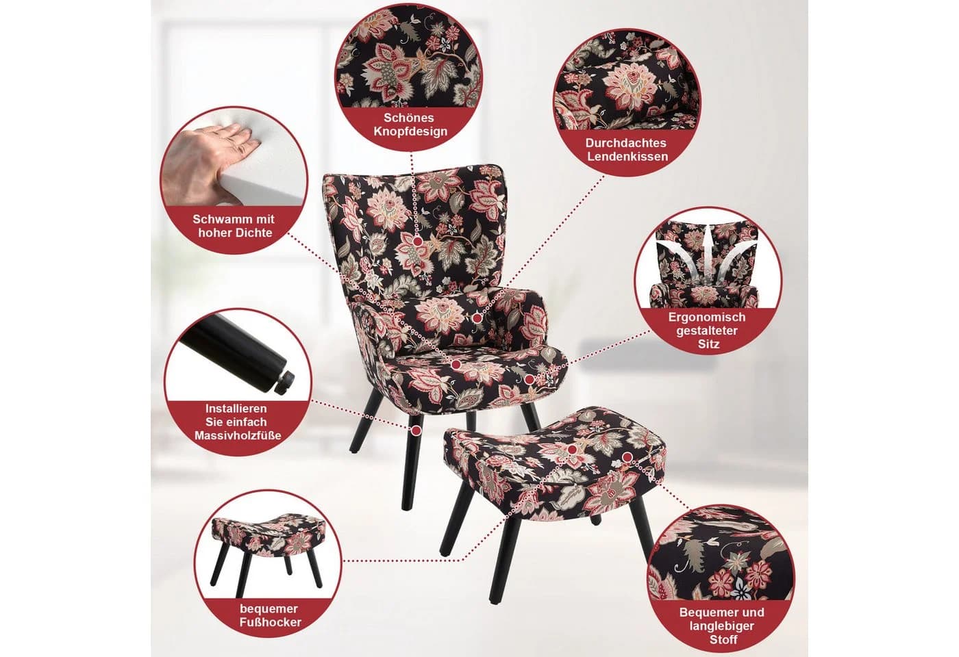 HomeMiYN Ohrensessel Relaxsessel Patchwork Ohrensessel mit Hocker Bunt - Bild 4