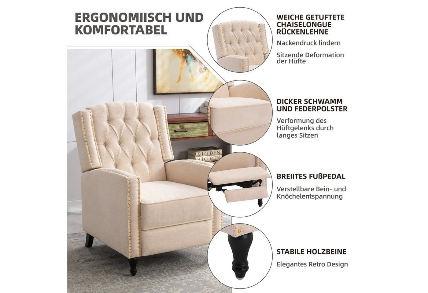 HomeMiYN Relaxsessel Weiß mit Liegefunktion und Verstellfunktion - Bild 3