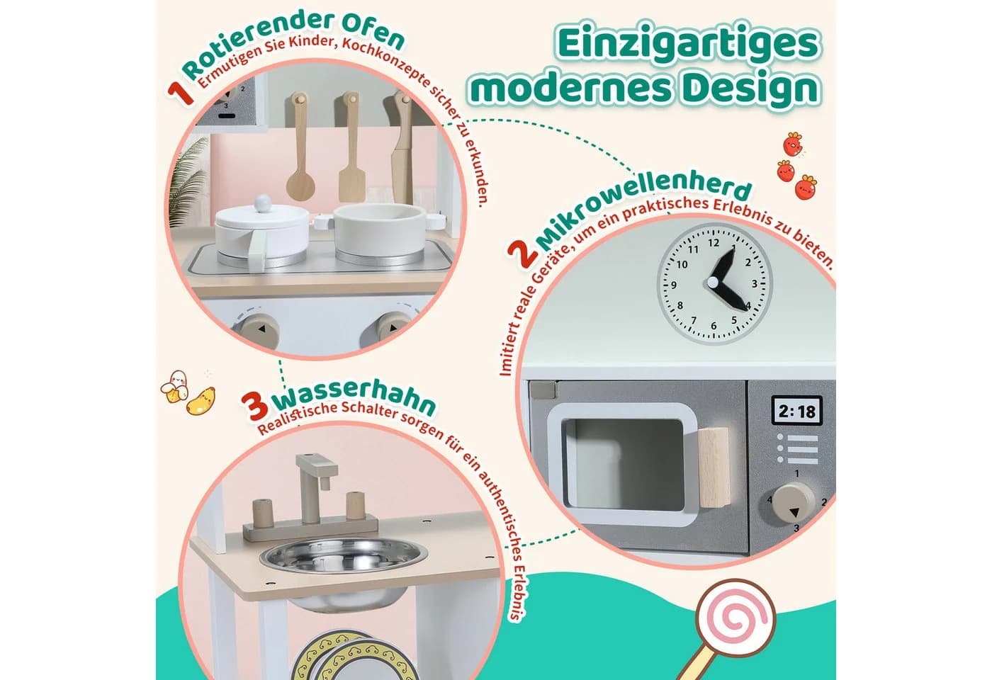 HomeMiYN Spielküche Kinderküche Holz Grau Multifunktionales - Bild 3