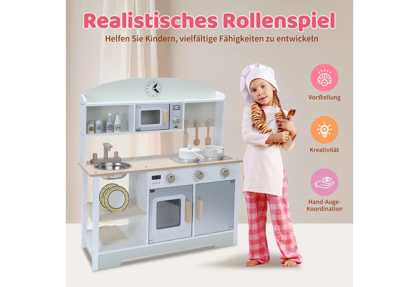 HomeMiYN Spielküche Kinderküche Holz Grau Multifunktionales - Bild 4