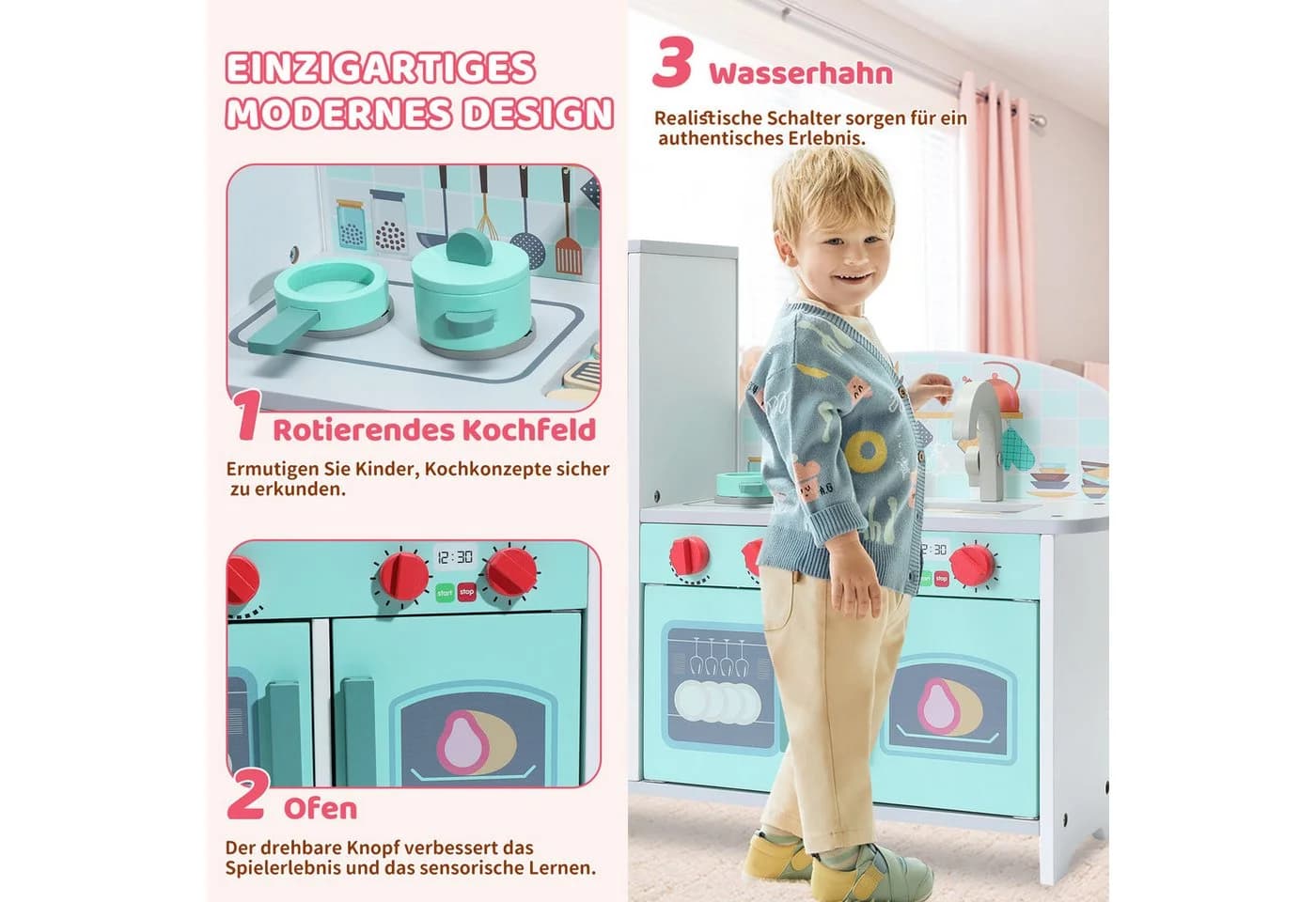 HomeMiYN Spielküche Kinderküche Holz Grün Multifunktional