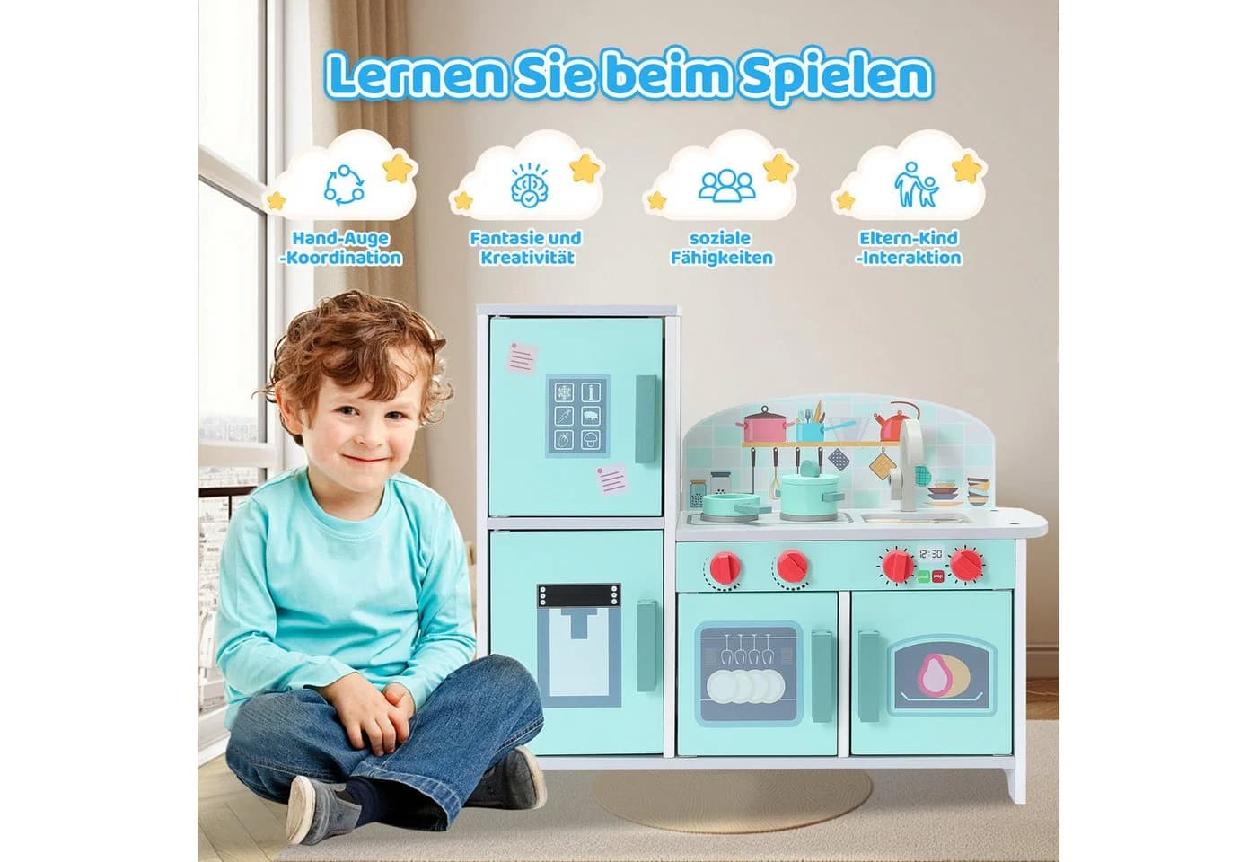 HomeMiYN Spielküche Kinderküche Holz Grün Multifunktional - Bild 4
