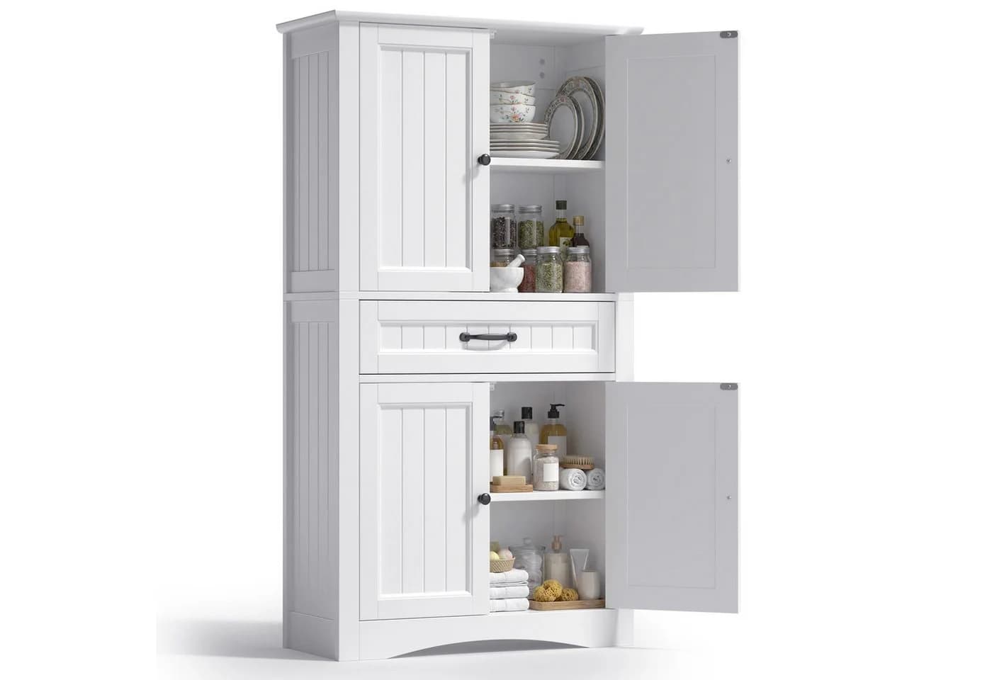 Blishom Badschrank Hochschrank 2 Türen 1 Schublade Weiß MDF - Bild 2