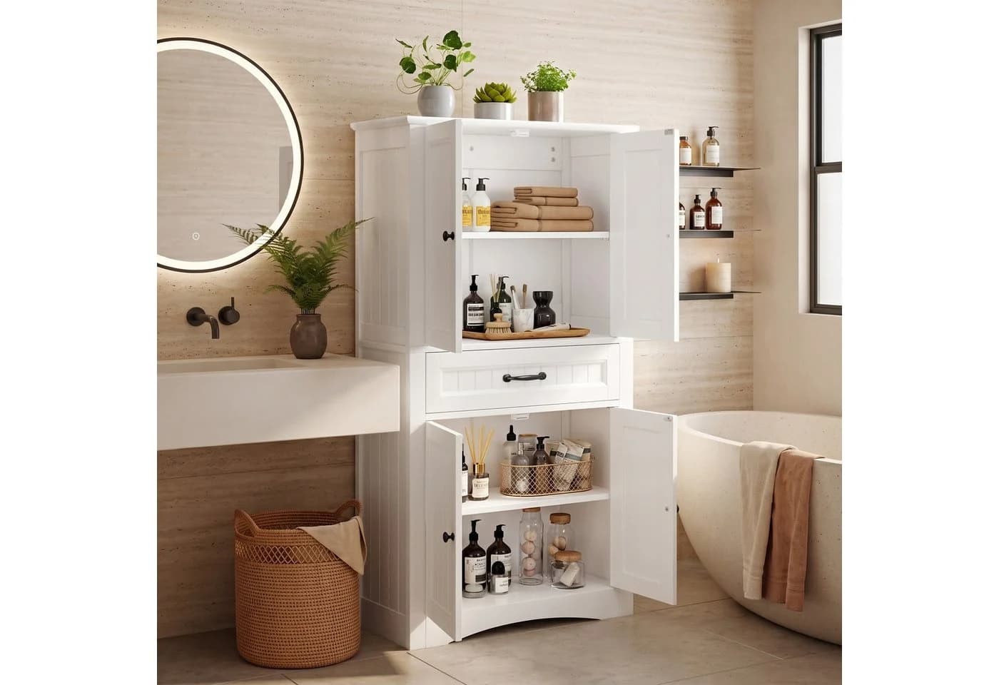 Blishom Badschrank Hochschrank 2 Türen 1 Schublade Weiß MDF - Bild 3