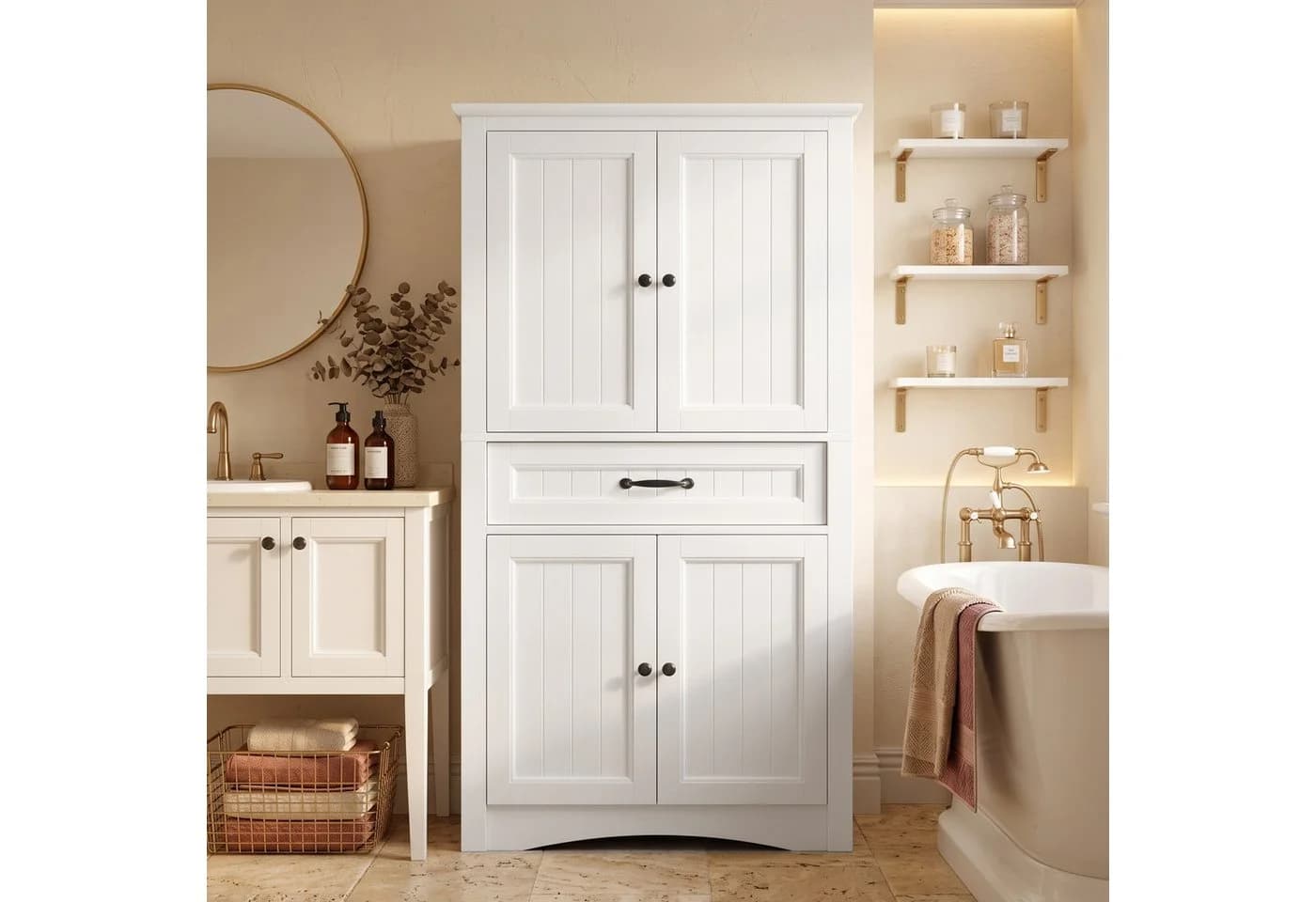 Blishom Badschrank Hochschrank 2 Türen 1 Schublade Weiß MDF - Bild 4