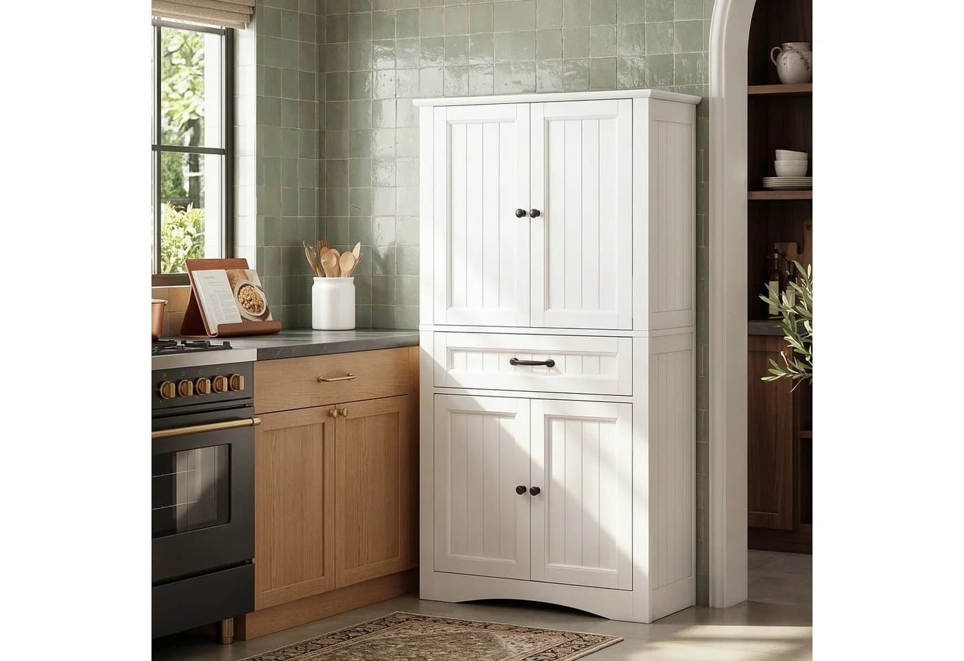 Blishom Badschrank Hochschrank 2 Türen 1 Schublade Weiß MDF - Bild 5