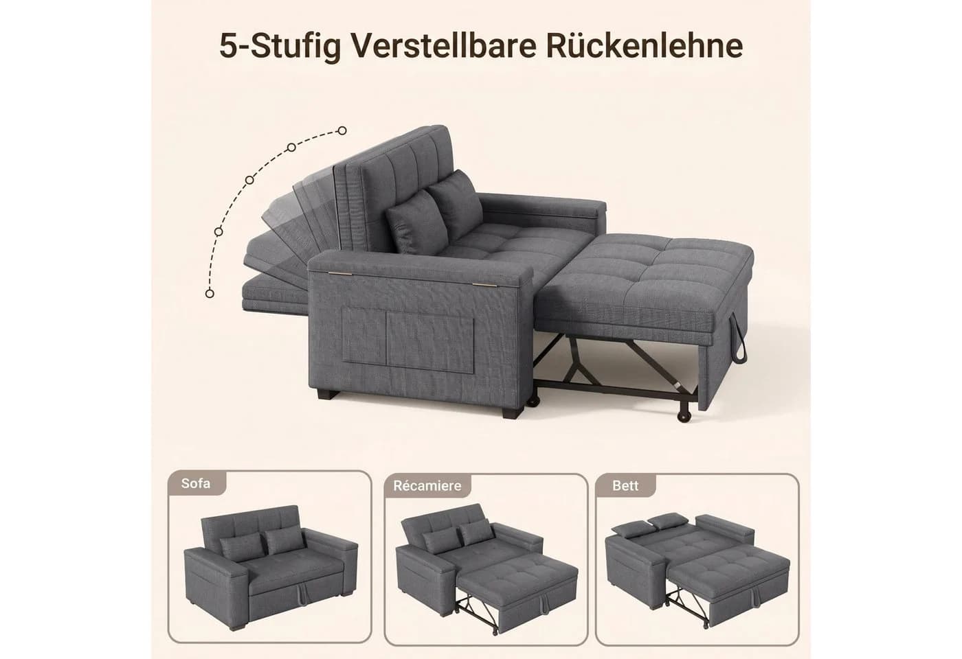 Bealife Schlafsofa 2-Sitzer Grau Verstellbare Rückenlehne