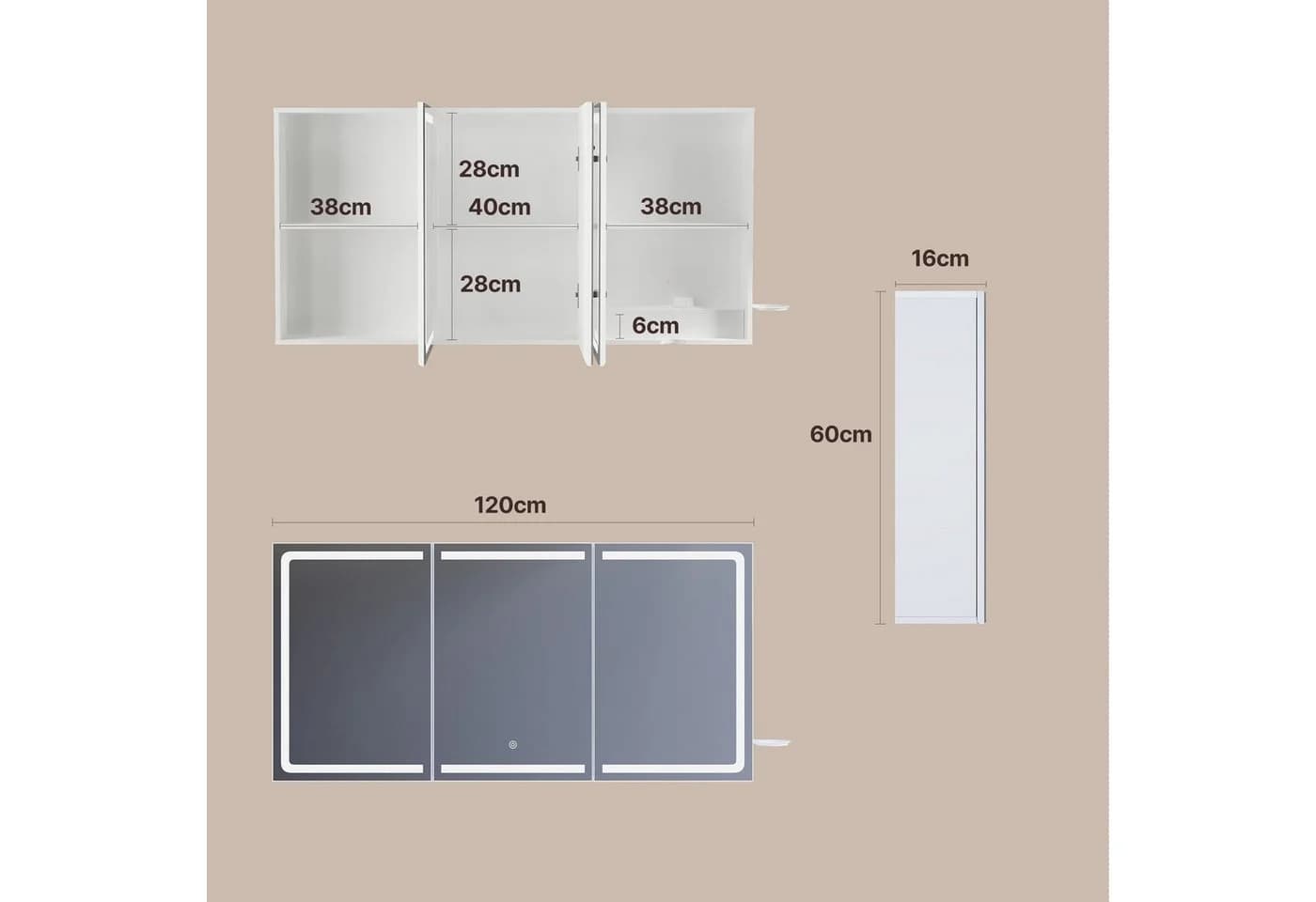 Bealife Spiegelschrank mit LED-Beleuchtung und drei Spiegeln