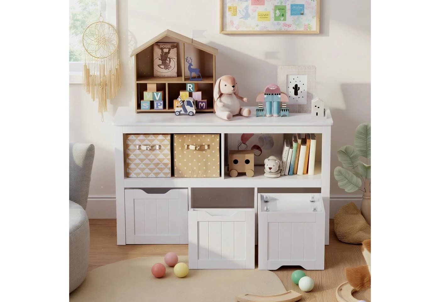 Blishom Spielzeugtruhe Kinderregal Weiß mit 3 Rollboxen