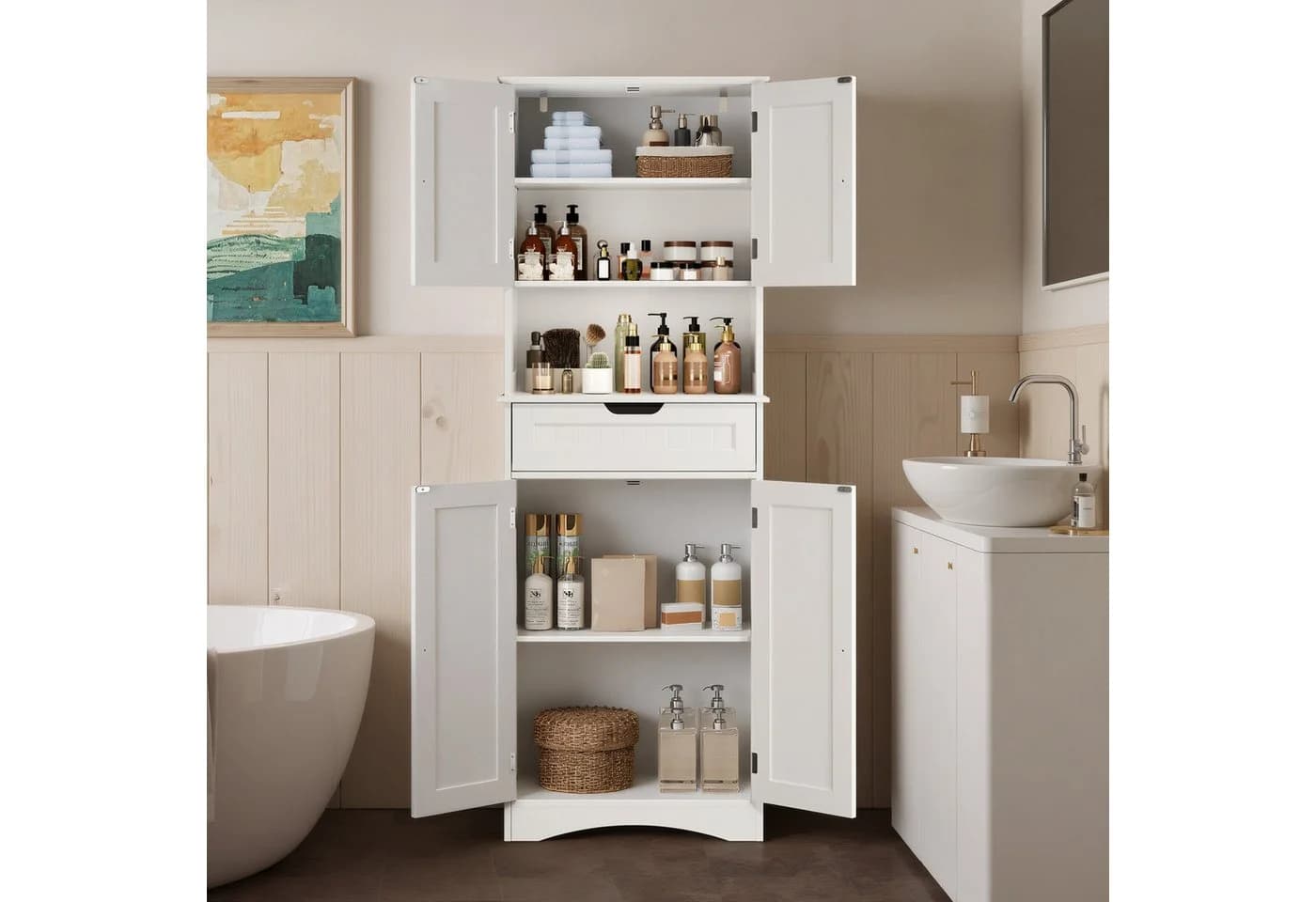 Blishom Hochschrank Bad 4 Türen Weiß Kunststoff - Bild 3