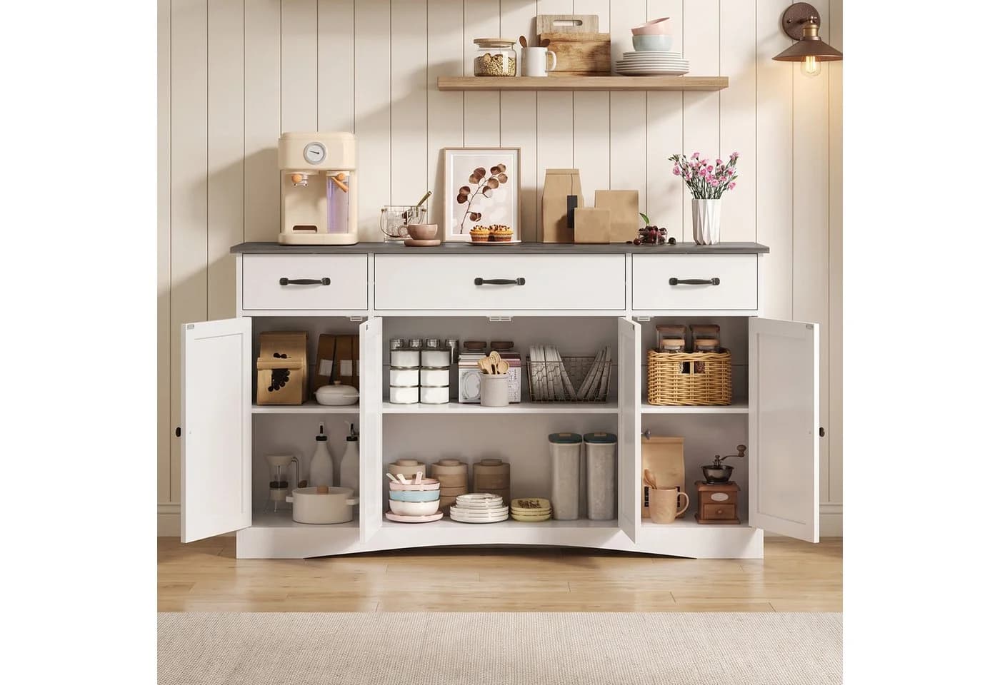 Blishom Sideboard Grau Landhaus-Design 4 Türen 3 Schubladen