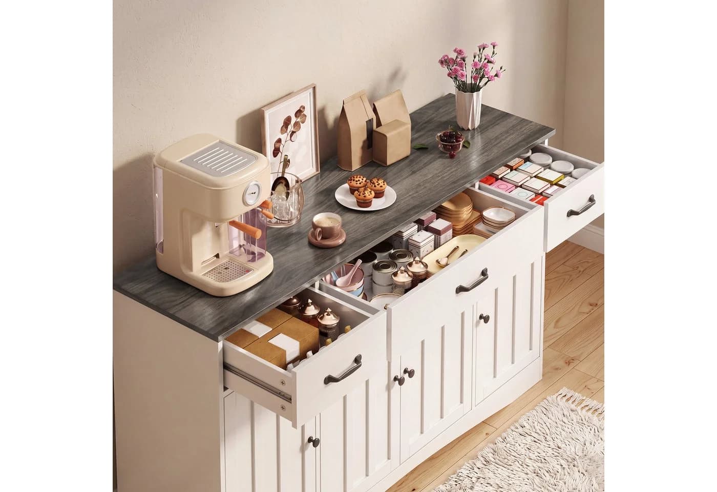 Blishom Sideboard Grau Landhaus-Design 4 Türen 3 Schubladen - Bild 4