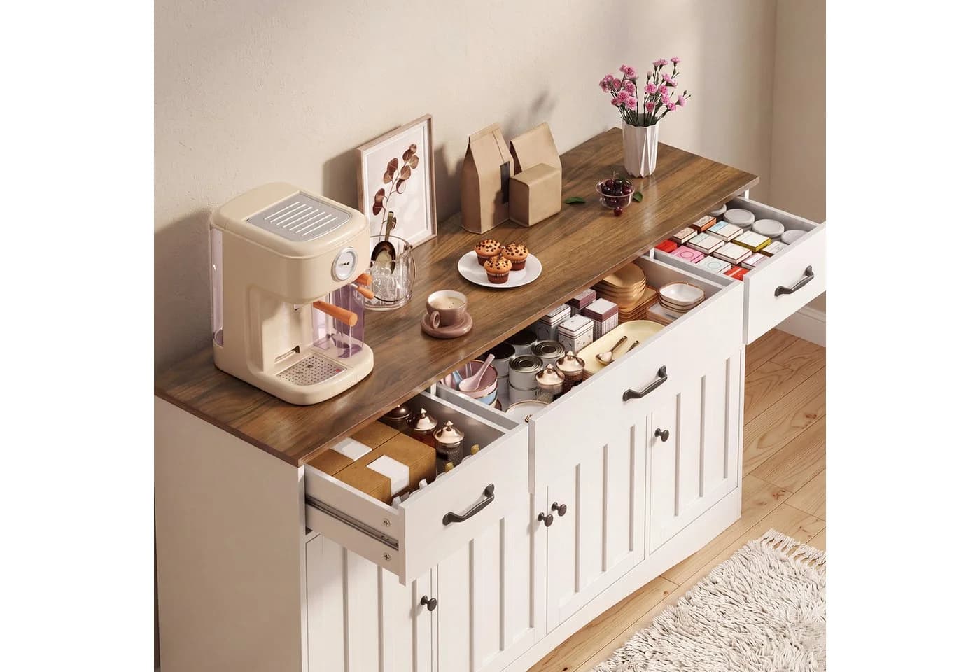 Blishom Sideboard Grau Landhaus-Design mit 4 Türen und 3 Schubladen - Bild 4