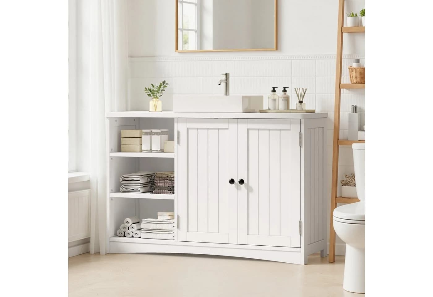 Blishom Waschbeckenunterschrank Weiß/Dunkelbraun mit Siphonausschnitt - Bild 3