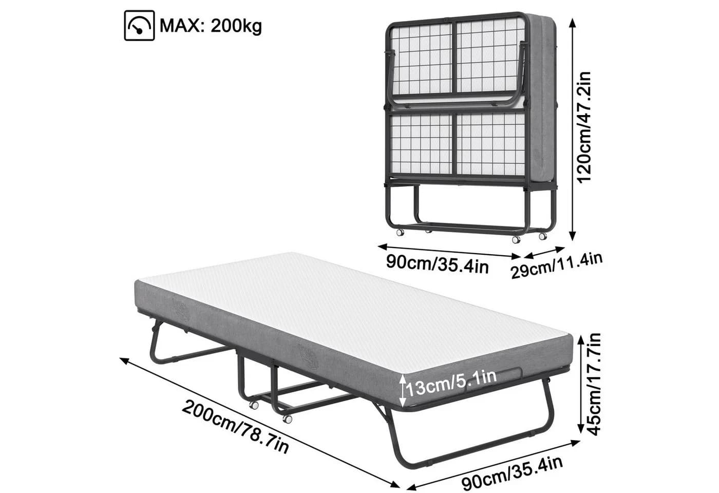 FIVMEN Gästebett faltbar mit 13 cm Matratze 90x200 cm