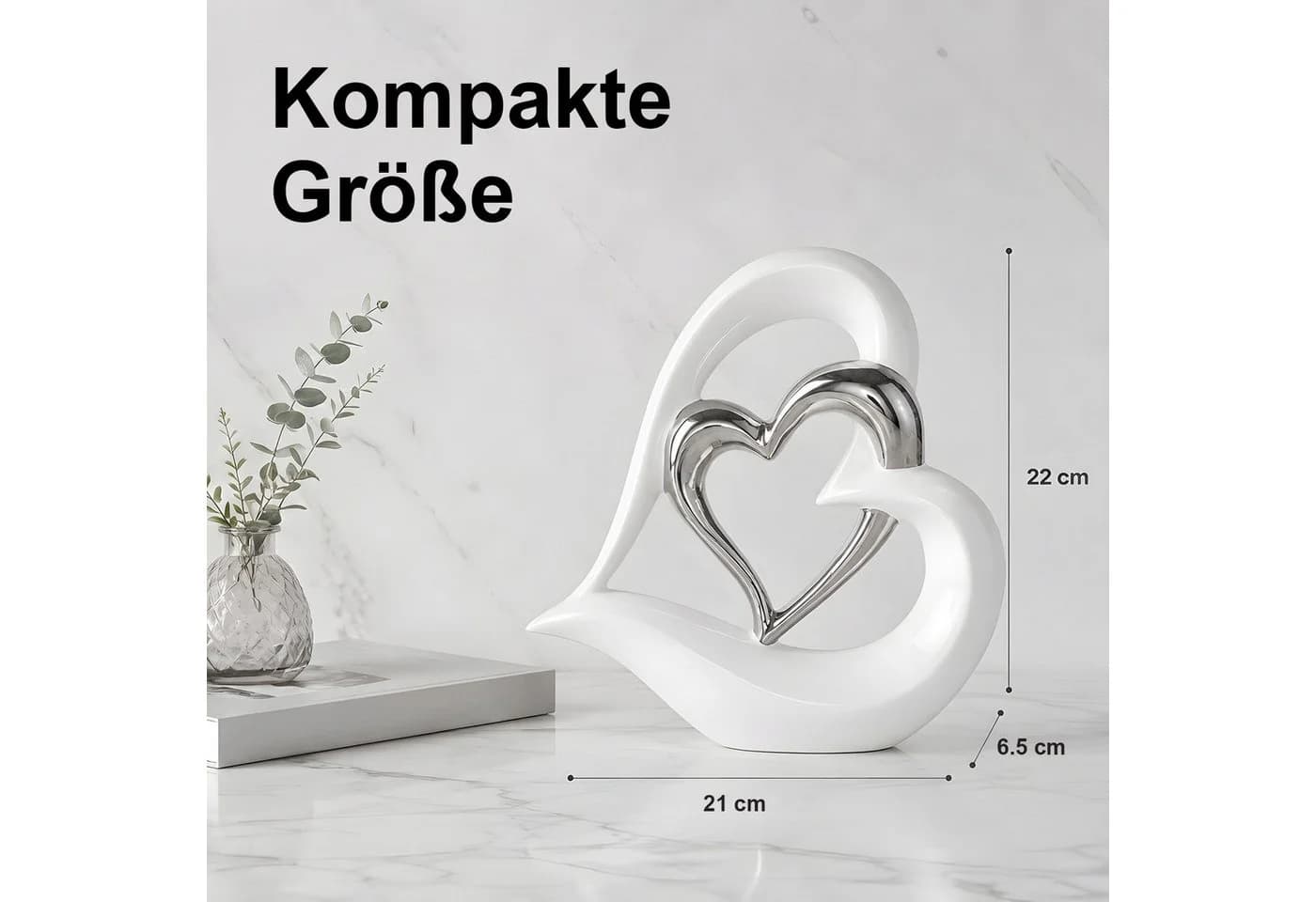 SURFOU Dekofigur Doppelherz-Ornament Keramik Weiß/Silber