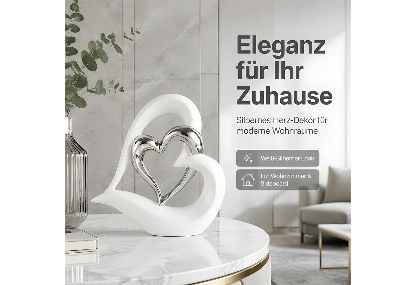 SURFOU Dekofigur Doppelherz-Ornament Keramik Weiß/Silber - Bild 3