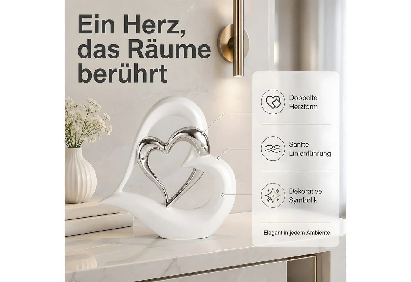 SURFOU Dekofigur Doppelherz-Ornament Keramik Weiß/Silber - Bild 4