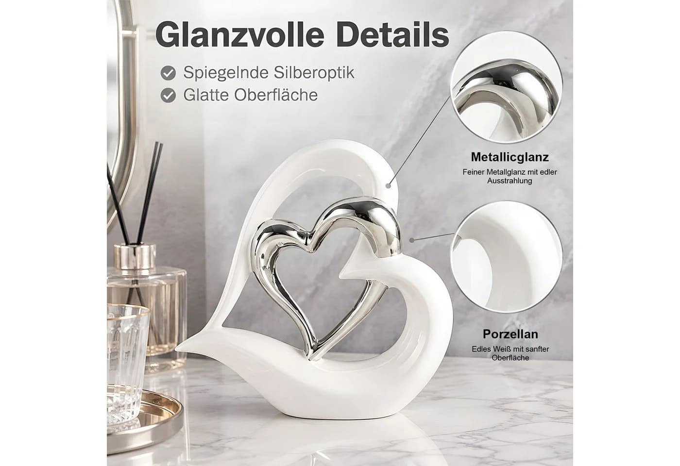 SURFOU Dekofigur Doppelherz-Ornament Keramik Weiß/Silber - Bild 5