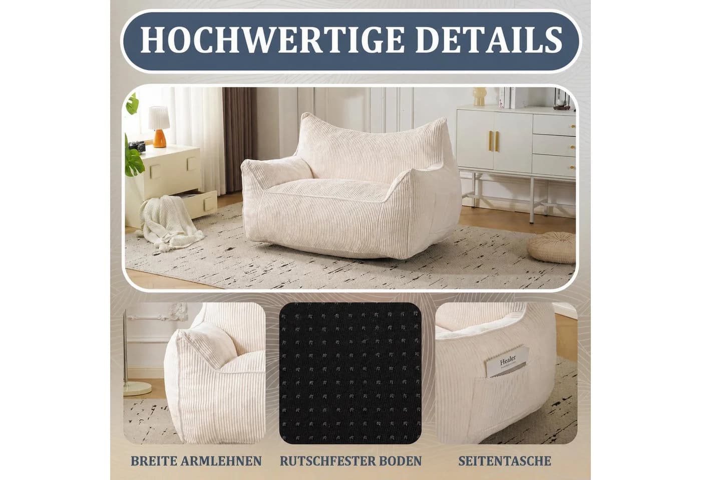 Fiximaster U-förmiger Sitzsack mit Katzenohren Cordstoff - Bild 5