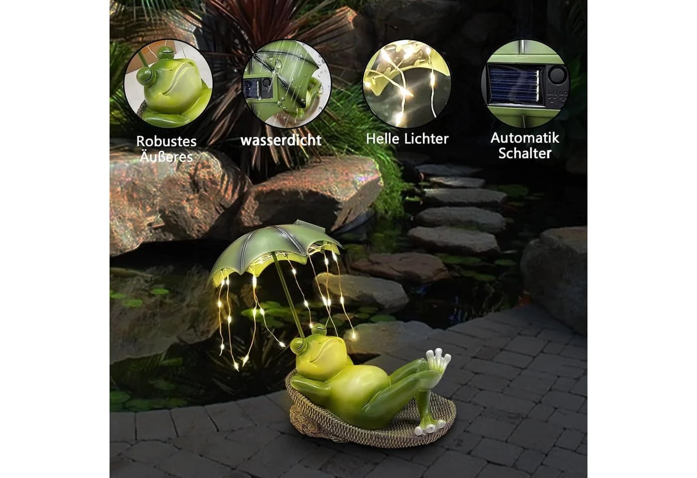 FANNOU Gartenfigur Frosch mit Solarlicht Grün Harz